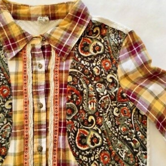 Gimmicks Vintage Western Yellow Plaid Back Chevron Lace button Down Shirt Size M - Picture 4 of 9